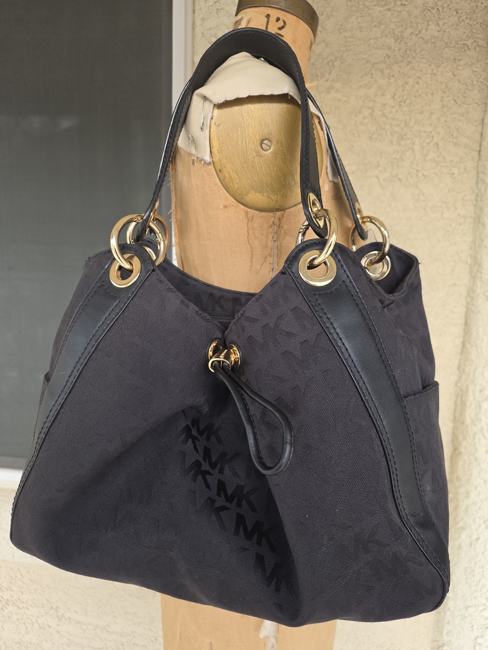 Michael Kors Black Canvas Shoulder Tote with Gold Hardware